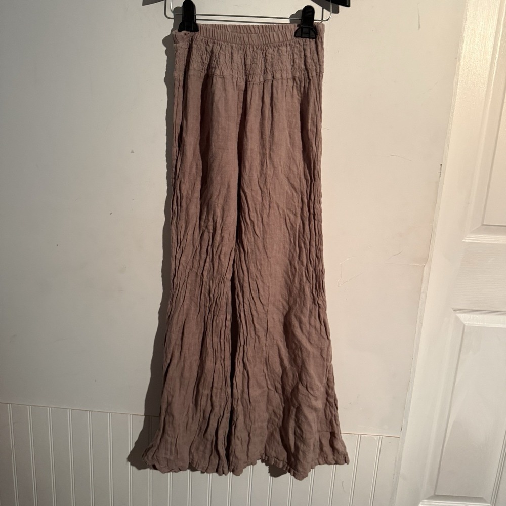 Pure Linen Medium Wide Leg Pants Smocked Pull On Waistband Lagenlook Coastal